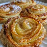 ['A close-up view of a golden-brown Apple Cinnamon Cream Cheese Danish with visible apple slices and a creamy filling.', 'Side view of a flaky pastry filled with cream cheese, cinnamon, and apple slices, showcasing the texture and shine.', 'Close-up image of an Apple Cinnamon Cream Cheese Danish, highlighting its layers and the smooth cream cheese filling.', 'Detailed shot of a delicious Danish pastry topped with apple slices and a dusting of powdered sugar.']