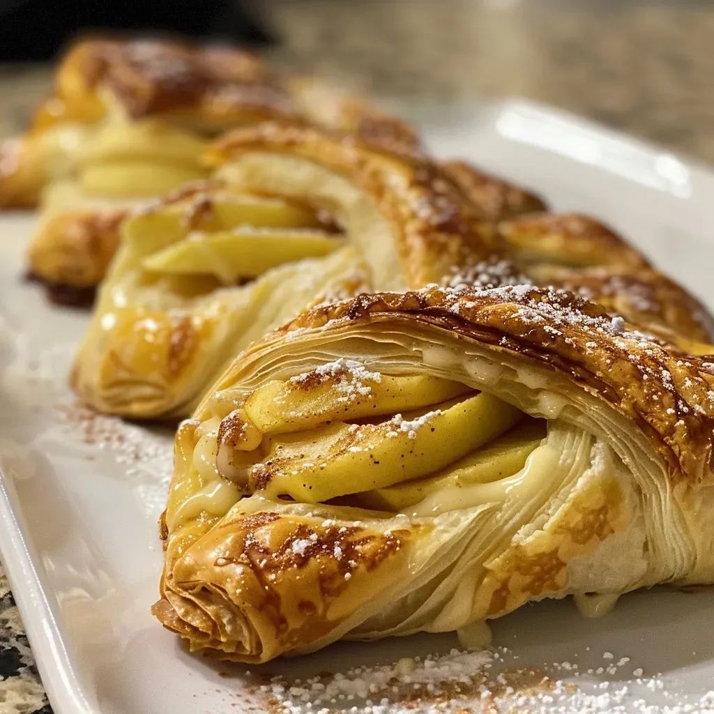 ['A close-up view of a golden-brown Apple Cinnamon Cream Cheese Danish with visible apple slices and a creamy filling.', 'Side view of a flaky pastry filled with cream cheese, cinnamon, and apple slices, showcasing the texture and shine.', 'Close-up image of an Apple Cinnamon Cream Cheese Danish, highlighting its layers and the smooth cream cheese filling.', 'Detailed shot of a delicious Danish pastry topped with apple slices and a dusting of powdered sugar.']