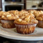 ['Close-up of golden-brown apple cinnamon Greek yogurt muffins, showing a crumbly texture and diced apple pieces.', 'Side view of freshly baked apple cinnamon muffins with a glossy finish, highlighting their moist interior.', 'Detailed shot of muffin tops sprinkled with cinnamon sugar, featuring bits of diced apples peeking through.', 'Mouthwatering apple cinnamon muffins arranged on a plate, with a soft and fluffy appearance.']