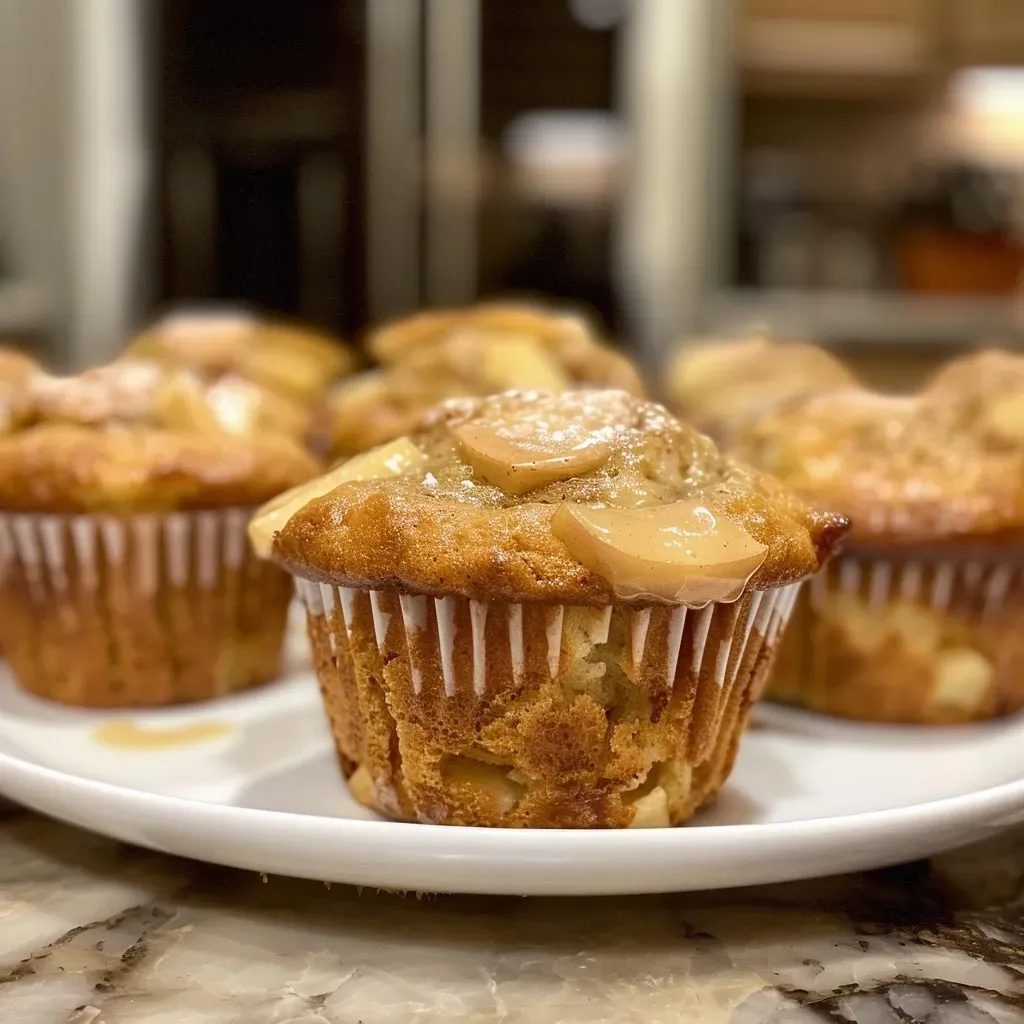 ['Close-up of golden-brown apple cinnamon Greek yogurt muffins, showing a crumbly texture and diced apple pieces.', 'Side view of freshly baked apple cinnamon muffins with a glossy finish, highlighting their moist interior.', 'Detailed shot of muffin tops sprinkled with cinnamon sugar, featuring bits of diced apples peeking through.', 'Mouthwatering apple cinnamon muffins arranged on a plate, with a soft and fluffy appearance.']
