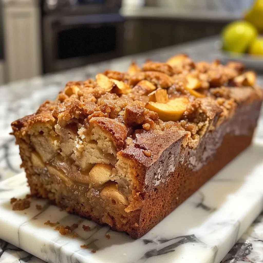 ['Close-up view of a moist apple cinnamon loaf cake with a golden-brown crust.', 'Side angle of a freshly baked apple cinnamon loaf cake, featuring apple chunks and a cinnamon glaze.', 'A delicious slice of apple cinnamon loaf cake displayed on a plate, showcasing its soft texture.', 'Detailed shot of an apple cinnamon loaf cake, highlighting its crumb and apple pieces.']