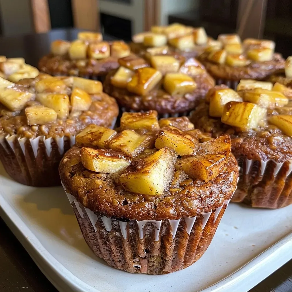 ['Close-up side view of freshly baked apple cinnamon muffins with a golden brown top.', 'Juicy apple cinnamon muffins with a crumbly texture and apple pieces visible.', 'Delicious apple cinnamon muffins showing a soft interior and a sprinkle of cinnamon sugar on top.', 'Warm apple cinnamon muffins arranged on a plate, highlighting their fluffy and moist appearance.']
