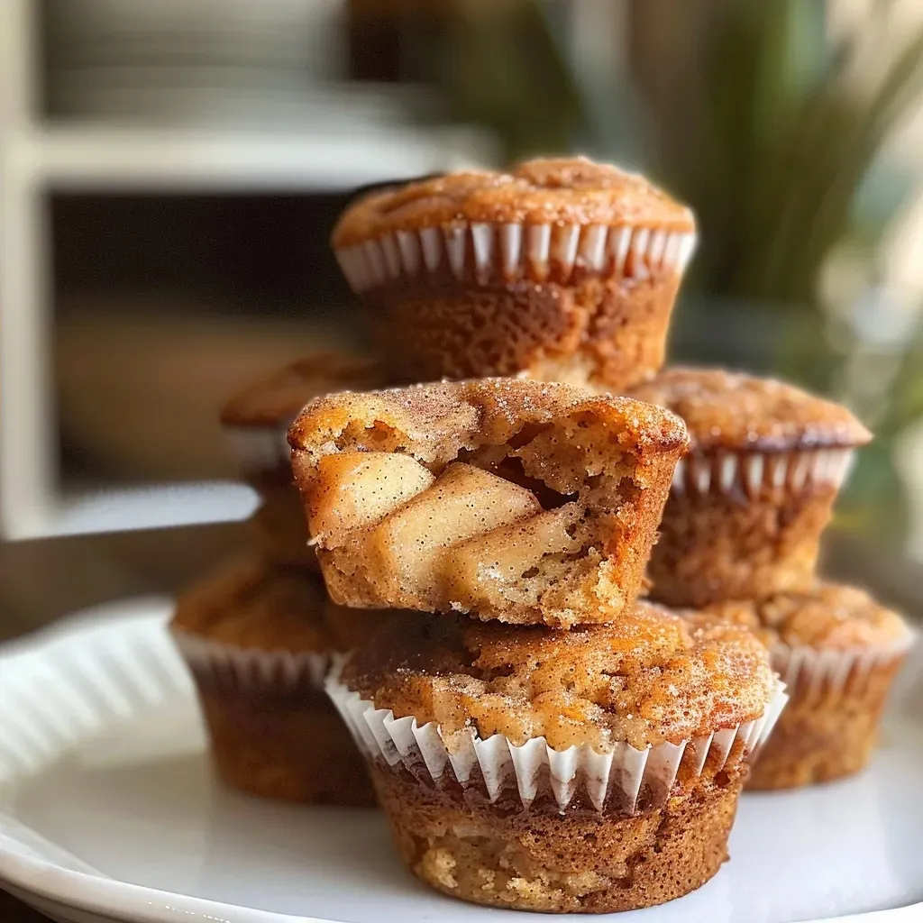 ['A close-up view of freshly baked Apple Cinnamon Muffins, showcasing their golden tops and chunks of apple.', 'Side view of warm Apple Cinnamon Muffins with a crumbly texture and visible apple pieces.', 'Detailed shot of Apple Cinnamon Muffins, featuring a sprinkle of cinnamon on top and soft, moist interiors.', 'A tantalizing image of Apple Cinnamon Muffins, highlighting their fluffy texture and rich brown sugar crust.']
