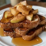['Close-up side view of golden-brown Apple Cinnamon Protein French Toast topped with apple slices.', 'Deliciously cooked French toast with apple cinnamon flavor, showcasing a fluffy texture and warm colors.', 'Side angle of a stack of Apple Cinnamon Protein French Toast drizzled with syrup and garnished with apples.', 'A plate featuring Apple Cinnamon Protein French Toast, emphasizing the cinnamon dusting and eggy texture.']