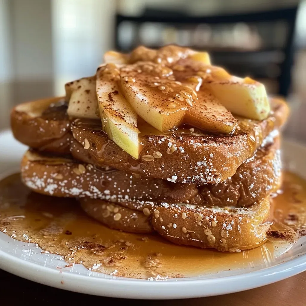 ['Close-up side view of golden-brown Apple Cinnamon Protein French Toast topped with apple slices.', 'Deliciously cooked French toast with apple cinnamon flavor, showcasing a fluffy texture and warm colors.', 'Side angle of a stack of Apple Cinnamon Protein French Toast drizzled with syrup and garnished with apples.', 'A plate featuring Apple Cinnamon Protein French Toast, emphasizing the cinnamon dusting and eggy texture.']