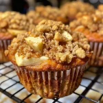 ['Close-up side view of golden-brown apple cinnamon streusel muffins on a rustic wooden table.', 'Delicious apple cinnamon streusel muffins with a crumbly topping, captured in vibrant colors.', 'Freshly baked muffins filled with apple chunks and topped with streusel, showing texture and warmth.', 'Appealing close-up of muffins with an inviting cinnamon aroma, highlighting their delightful topping.']