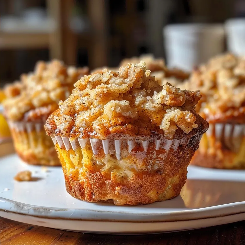 Close-up side view of golden-brown apple cinnamon streusel muffins on a rustic wooden table.