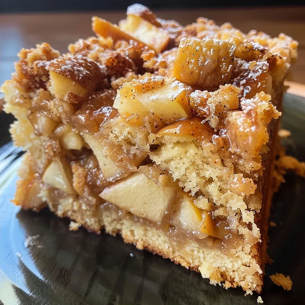 ['Close-up view of a slice of apple coffee cake showing layers and toppings.', 'Side view of a moist apple coffee cake featuring apple chunks and a cinnamon topping.', 'Detailed image of apple coffee cake slice highlighting its texture and ingredients.', 'Slice of apple coffee cake with visible apples and walnuts, beautifully arranged.']
