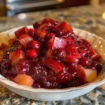 ['Close-up view of glistening apple cranberry sauce in a bowl with diced apples on the side.', 'Thick, chunky apple cranberry sauce garnished with whole cranberries and apple pieces.', 'Side view of vibrant apple cranberry sauce with a smooth texture in a clear dish.', 'Freshly made apple cranberry sauce with visible chunks of apple against a wooden backdrop.']