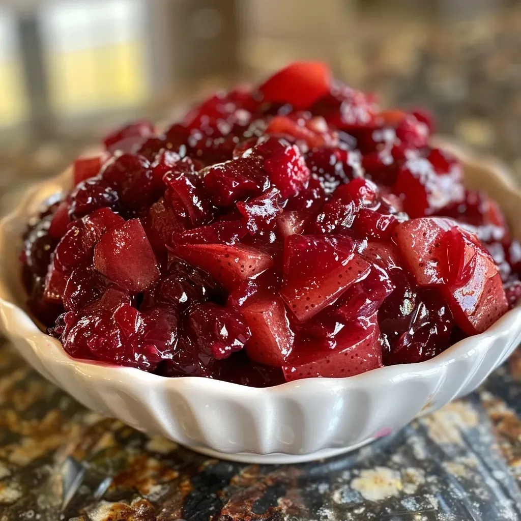 ['Close-up view of glistening apple cranberry sauce in a bowl with diced apples on the side.', 'Thick, chunky apple cranberry sauce garnished with whole cranberries and apple pieces.', 'Side view of vibrant apple cranberry sauce with a smooth texture in a clear dish.', 'Freshly made apple cranberry sauce with visible chunks of apple against a wooden backdrop.']