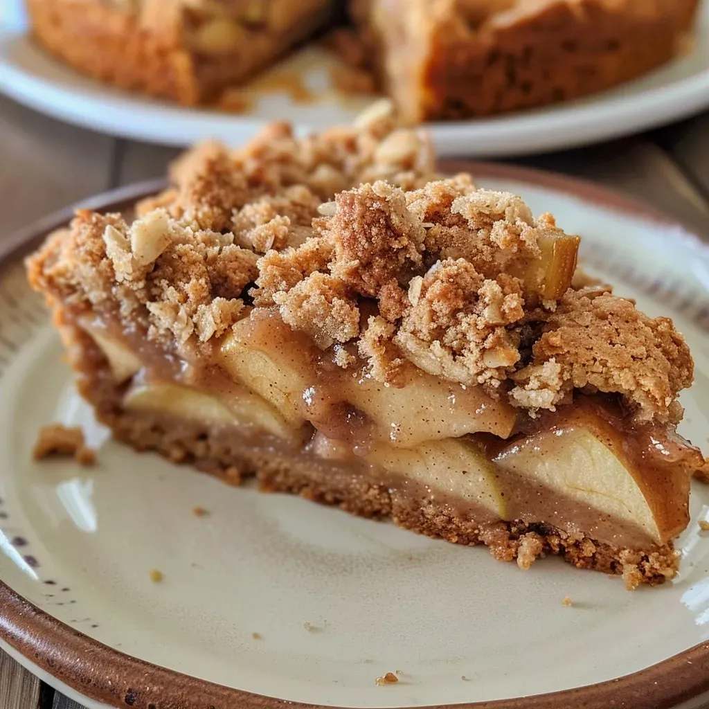 ['Close-up side view of a slice of Apple Crumb Cake topped with a cinnamon drizzle.', 'Delicious Apple Crumb Cake with a vibrant cinnamon apple drizzle and crumbly topping.', 'Juicy slice of Apple Crumb Cake showcasing a glossy apple drizzle and oat topping.', 'Side view of moist Apple Crumb Cake, featuring diced apples and a rich cinnamon glaze.']