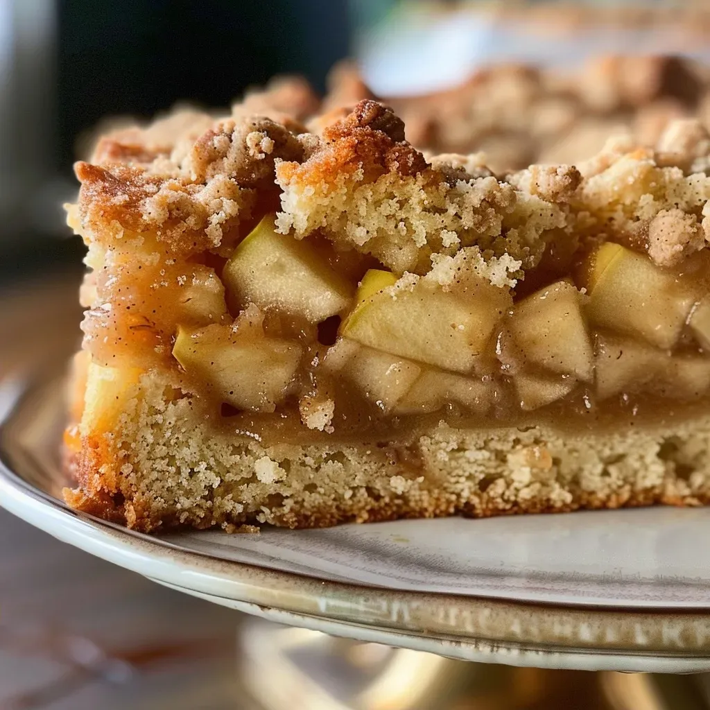 ['Close-up side view of a slice of Apple Crumb Cake topped with a cinnamon drizzle.', 'Delicious Apple Crumb Cake with a vibrant cinnamon apple drizzle and crumbly topping.', 'Juicy slice of Apple Crumb Cake showcasing a glossy apple drizzle and oat topping.', 'Side view of moist Apple Crumb Cake, featuring diced apples and a rich cinnamon glaze.']