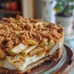 ['Close-up side view of a layered Apple Crumble Cheesecake with a crumbly topping.', 'Detailed shot of a slice of Apple Crumble Cheesecake showcasing its creamy layers and apple filling.', 'Side view of a decadent Apple Crumble Cheesecake topped with crumbled oat and cookie mixture.', 'Rich and creamy Apple Crumble Cheesecake with a golden, crumbly crust and apple slices.']