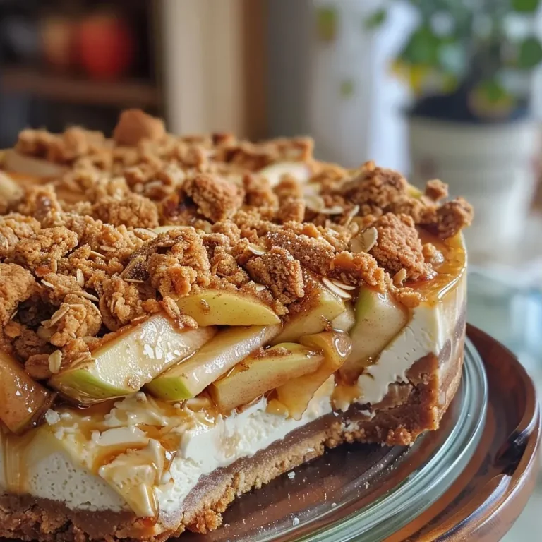 ['Close-up side view of a layered Apple Crumble Cheesecake with a crumbly topping.', 'Detailed shot of a slice of Apple Crumble Cheesecake showcasing its creamy layers and apple filling.', 'Side view of a decadent Apple Crumble Cheesecake topped with crumbled oat and cookie mixture.', 'Rich and creamy Apple Crumble Cheesecake with a golden, crumbly crust and apple slices.']