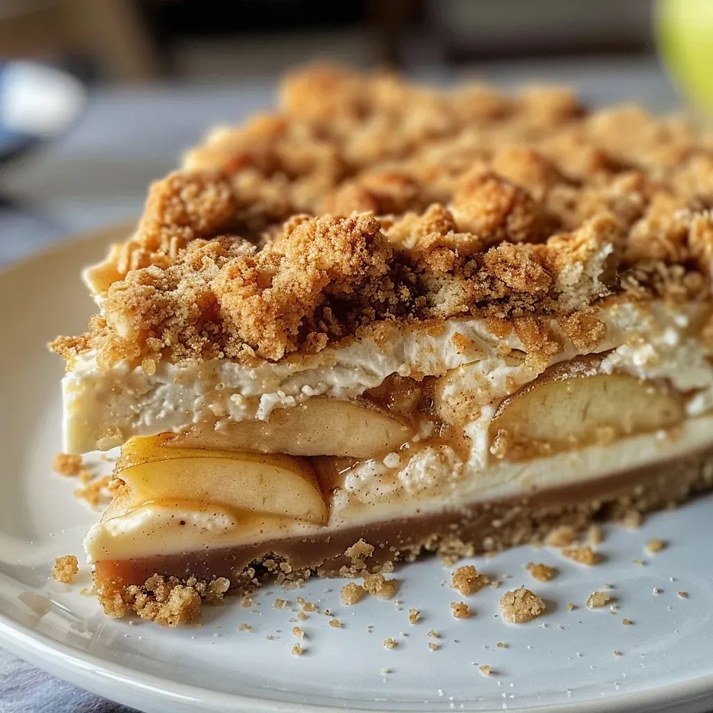 ['Close-up side view of a layered Apple Crumble Cheesecake with a crumbly topping.', 'Detailed shot of a slice of Apple Crumble Cheesecake showcasing its creamy layers and apple filling.', 'Side view of a decadent Apple Crumble Cheesecake topped with crumbled oat and cookie mixture.', 'Rich and creamy Apple Crumble Cheesecake with a golden, crumbly crust and apple slices.']
