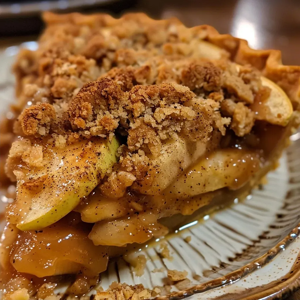 ['A close-up side view of a freshly baked apple crumble pie with golden brown topping.', 'Juicy apple crumble pie sitting on a rustic wooden table, showcasing its flaky crust and crumbly topping.', 'A detailed view of an apple crumble pie, highlighting the layers of sliced apples and crispy crumble.', 'A side perspective of a delicious apple crumble pie, emphasizing the texture and color of its crust and filling.']