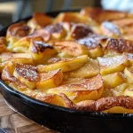 ['Close-up side view of a golden-brown Apple Dutch Baby topped with sliced apples.', 'Juicy Apple Dutch Baby showcasing a fluffy texture and caramelized apple slices.', 'Side view of a freshly baked Apple Dutch Baby, displaying a crispy edge and soft center.', 'Delicious Apple Dutch Baby with thinly sliced Gala apples and a dusting of cinnamon.']