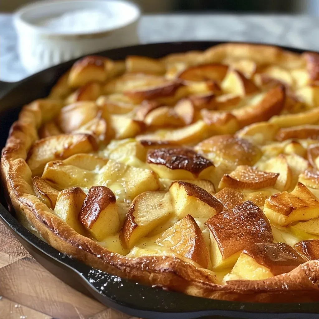 ['Close-up side view of a golden-brown Apple Dutch Baby topped with sliced apples.', 'Juicy Apple Dutch Baby showcasing a fluffy texture and caramelized apple slices.', 'Side view of a freshly baked Apple Dutch Baby, displaying a crispy edge and soft center.', 'Delicious Apple Dutch Baby with thinly sliced Gala apples and a dusting of cinnamon.']