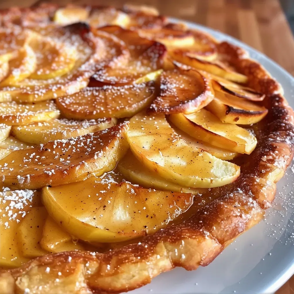 ['Close-up side view of a golden-brown Apple Dutch Baby topped with sliced apples.', 'Juicy Apple Dutch Baby showcasing a fluffy texture and caramelized apple slices.', 'Side view of a freshly baked Apple Dutch Baby, displaying a crispy edge and soft center.', 'Delicious Apple Dutch Baby with thinly sliced Gala apples and a dusting of cinnamon.']