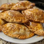 ['Close-up view of golden-brown apple empanadas with a crispy crust.', 'Side view of freshly baked apple empanadas, showcasing their flaky dough and apple filling.', 'Juicy apple empanadas arranged neatly, highlighting the cinnamon-dusted surface.', 'Mouthwatering apple empanadas with a rustic appearance and cinnamon topping.']