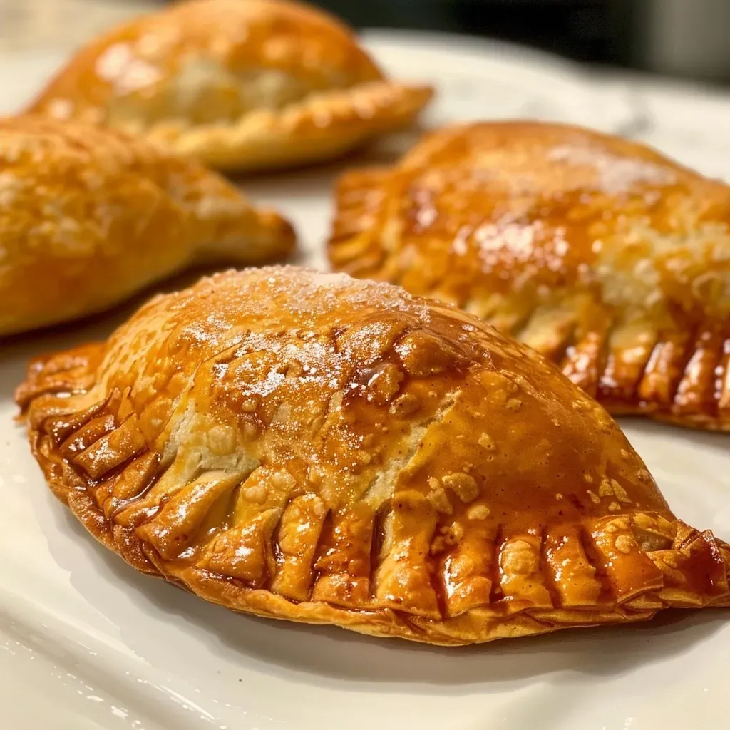 ['Close-up view of golden-brown apple empanadas with a crispy crust.', 'Side view of freshly baked apple empanadas, showcasing their flaky dough and apple filling.', 'Juicy apple empanadas arranged neatly, highlighting the cinnamon-dusted surface.', 'Mouthwatering apple empanadas with a rustic appearance and cinnamon topping.']