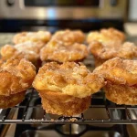 ['Close-up view of golden-brown Apple Fritter Cinnamon Muffins with a glossy glaze.', 'Side shot of freshly baked Apple Cinnamon Muffins, showcasing a sprinkle of powdered sugar.', 'Juicy Apple Fritter Muffins with chunks of apple visible and a light glaze on top.', 'Delicious Apple Cinnamon Muffins arranged on a plate, highlighting their fluffy texture.']