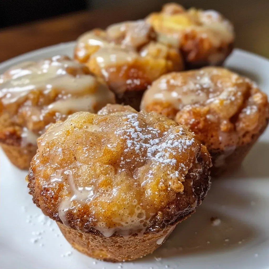 ['Close-up view of golden-brown Apple Fritter Cinnamon Muffins with a glossy glaze.', 'Side shot of freshly baked Apple Cinnamon Muffins, showcasing a sprinkle of powdered sugar.', 'Juicy Apple Fritter Muffins with chunks of apple visible and a light glaze on top.', 'Delicious Apple Cinnamon Muffins arranged on a plate, highlighting their fluffy texture.']