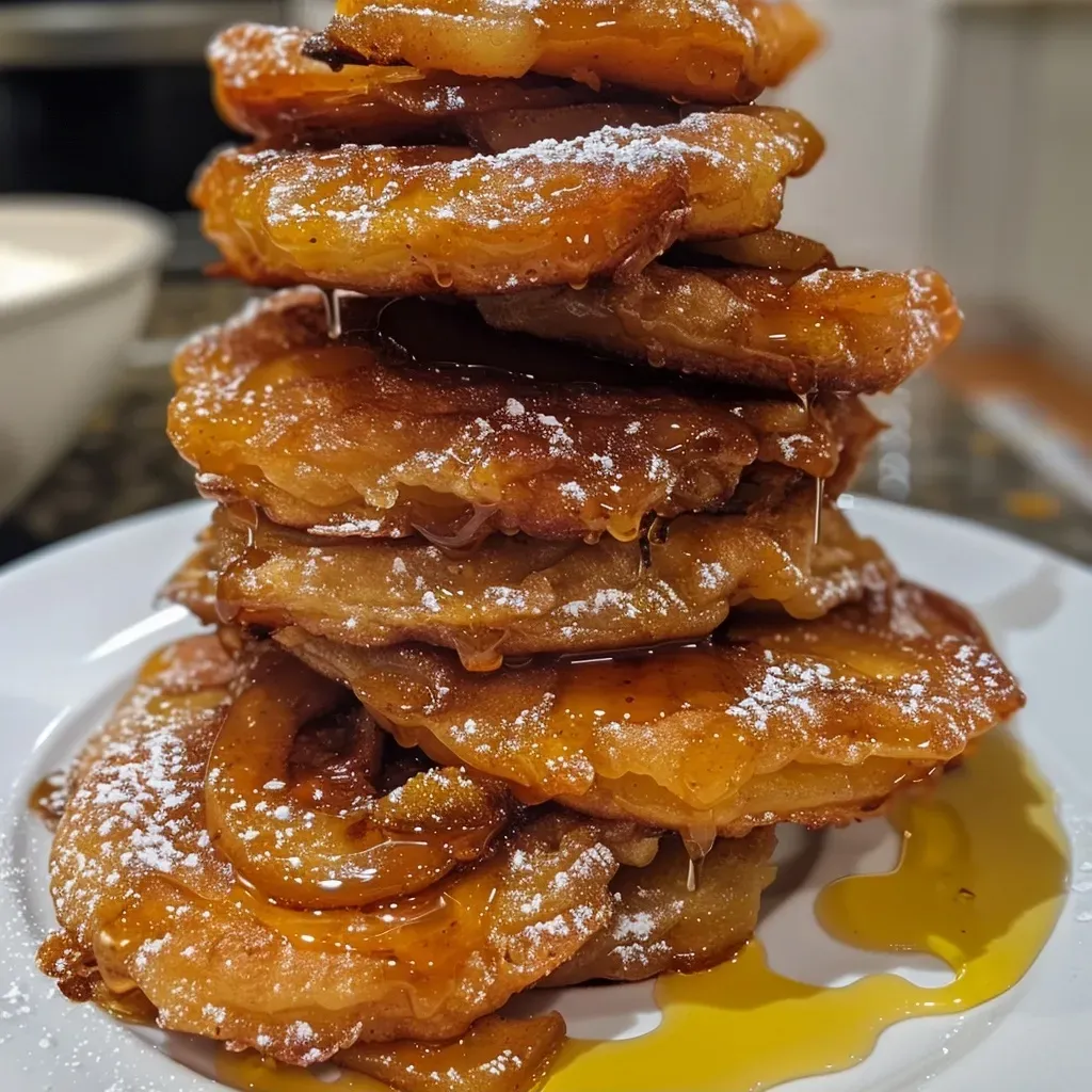 ['Close-up of golden-brown apple fritters with a light glaze.', 'Side view of freshly made apple fritters showcasing diced apple pieces.', 'Juicy apple fritters dusted with powdered sugar, highlighting their texture.', 'Close-up of delicious apple fritters with a cinnamon sprinkle and glaze.']
