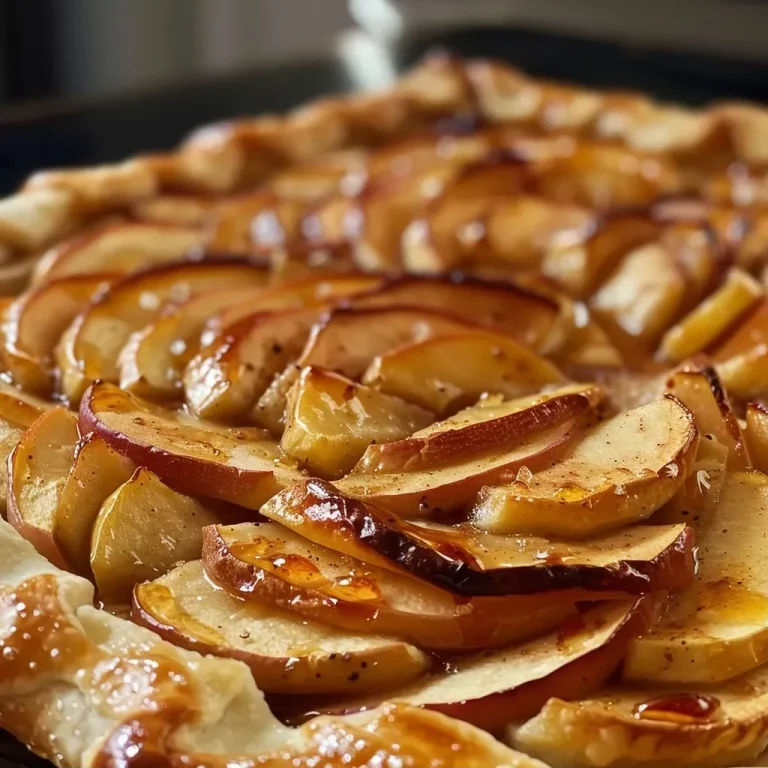 ['A close-up view of a golden brown apple galette with visible slices of apples.', 'Side view of a freshly baked apple galette showcasing caramelized apples and flaky crust.', 'Juicy apple galette with a rustic crust, highlighting glistening apple slices.', 'A detailed side picture of an apple galette adorned with coarse sugar on top.']