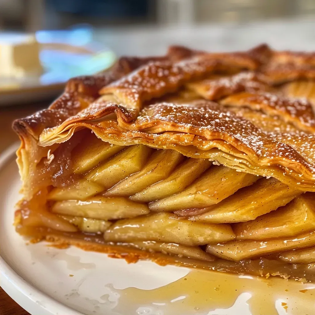 A close-up view of a golden brown apple galette with visible slices of apples.