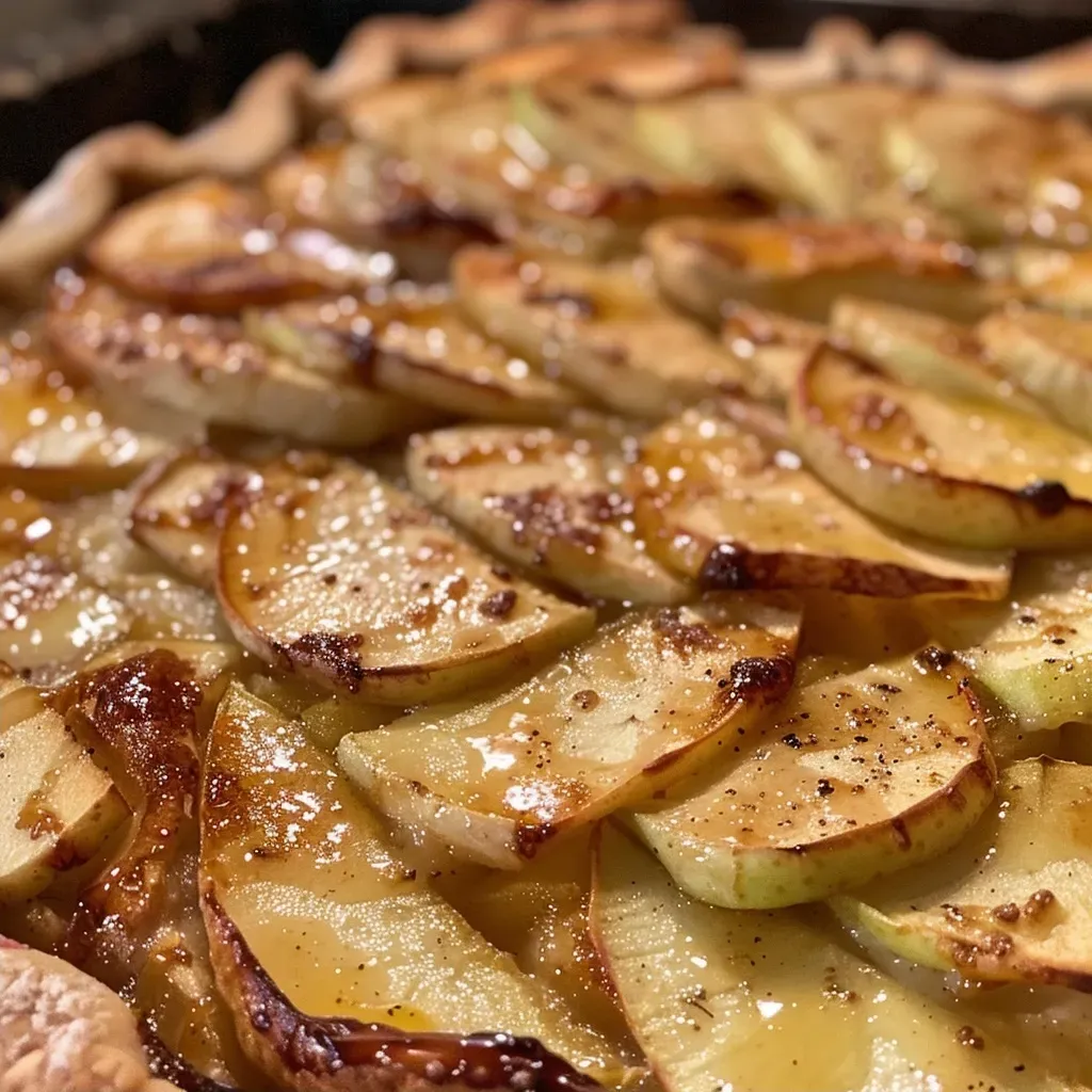 A close-up view of a golden brown apple galette with visible slices of apples.