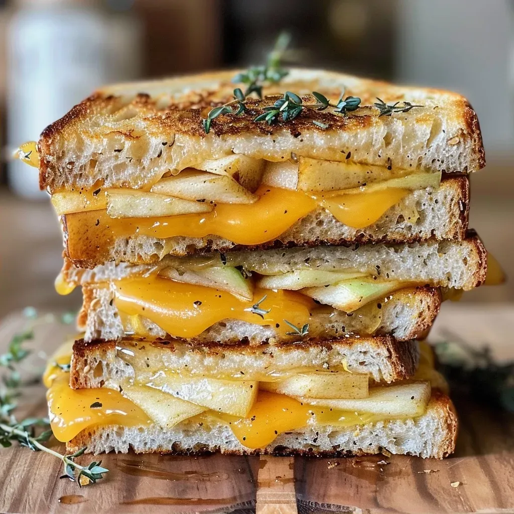 ['A close-up side view of a grilled cheese sandwich with apple slices, showcasing melted cheese and toasted bread.', 'Juicy grilled cheese sandwich featuring thin apple slices, captured from a side angle with a focus on the bread texture.', 'Delicious apple grilled cheese sandwich displayed in a close-up, highlighting the gooey cheese and fresh apple slices.', 'Side view of a savory grilled cheese sandwich filled with apple, emphasizing golden brown bread and melted cheese.']