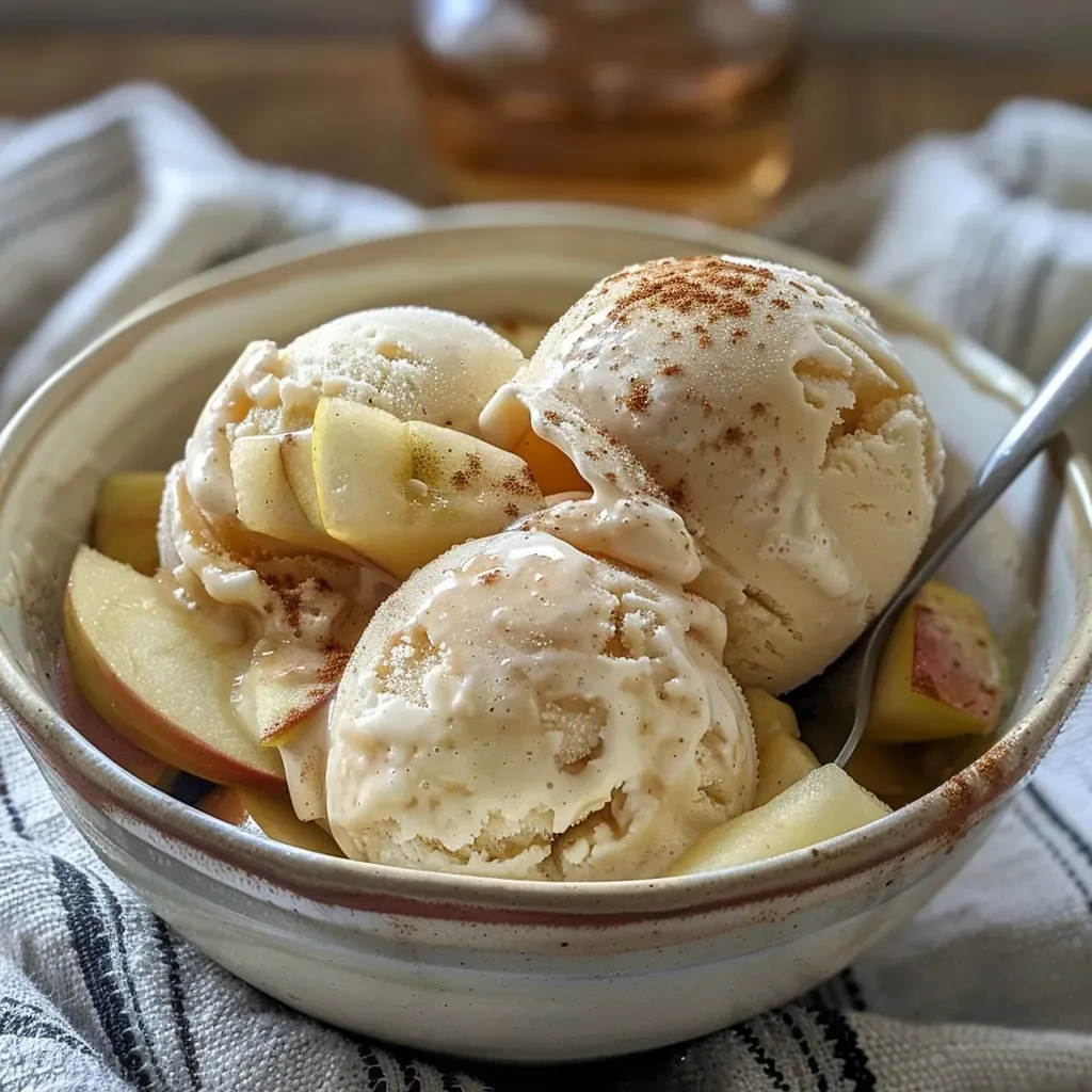 ['Close-up view of a creamy apple ice cream scoop with chunks of apple visible.', 'Side angle of apple ice cream in a bowl, showing its smooth texture and apple pieces.', 'Rich and creamy apple ice cream with a sprinkle of cinnamon on top.', 'Luscious apple ice cream with a vibrant color, highlighting its fresh ingredients.']