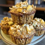 ['Close-up of a golden-brown Apple Oatmeal Protein Muffin with diced apple pieces on top.', 'Side view of a freshly baked Apple Oatmeal Protein Muffin showcasing its moist texture and walnut topping.', 'Juicy Apple Oatmeal Protein Muffin with a sprinkle of chopped walnuts and visible apple chunks.', 'Detailed view of a delicious Apple Oatmeal Protein Muffin, highlighting its rich color and wholesome ingredients.']