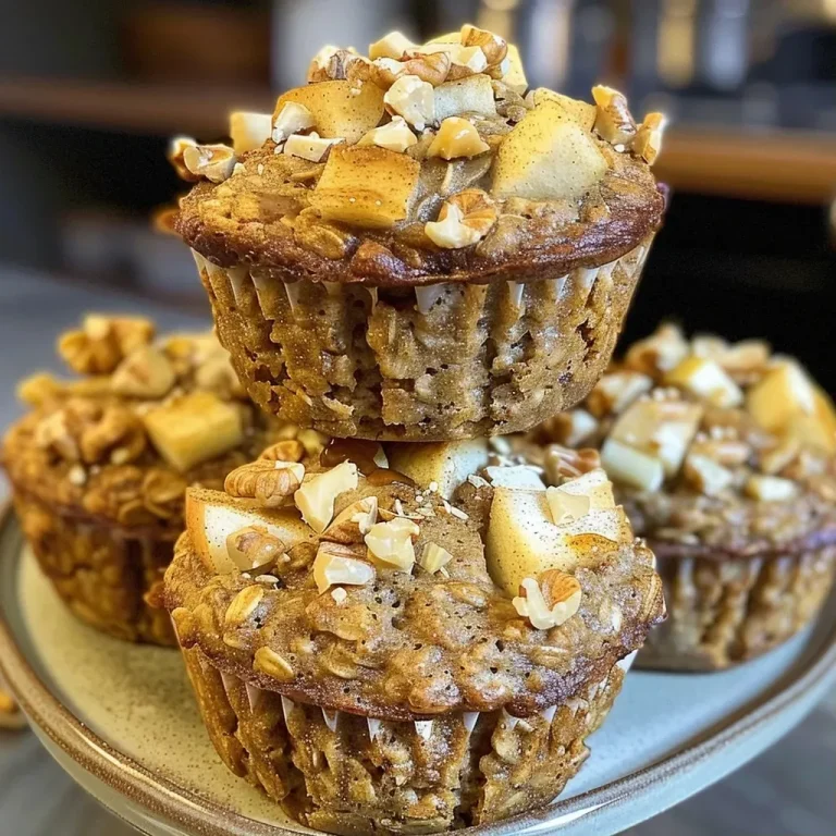 ['Close-up of a golden-brown Apple Oatmeal Protein Muffin with diced apple pieces on top.', 'Side view of a freshly baked Apple Oatmeal Protein Muffin showcasing its moist texture and walnut topping.', 'Juicy Apple Oatmeal Protein Muffin with a sprinkle of chopped walnuts and visible apple chunks.', 'Detailed view of a delicious Apple Oatmeal Protein Muffin, highlighting its rich color and wholesome ingredients.']