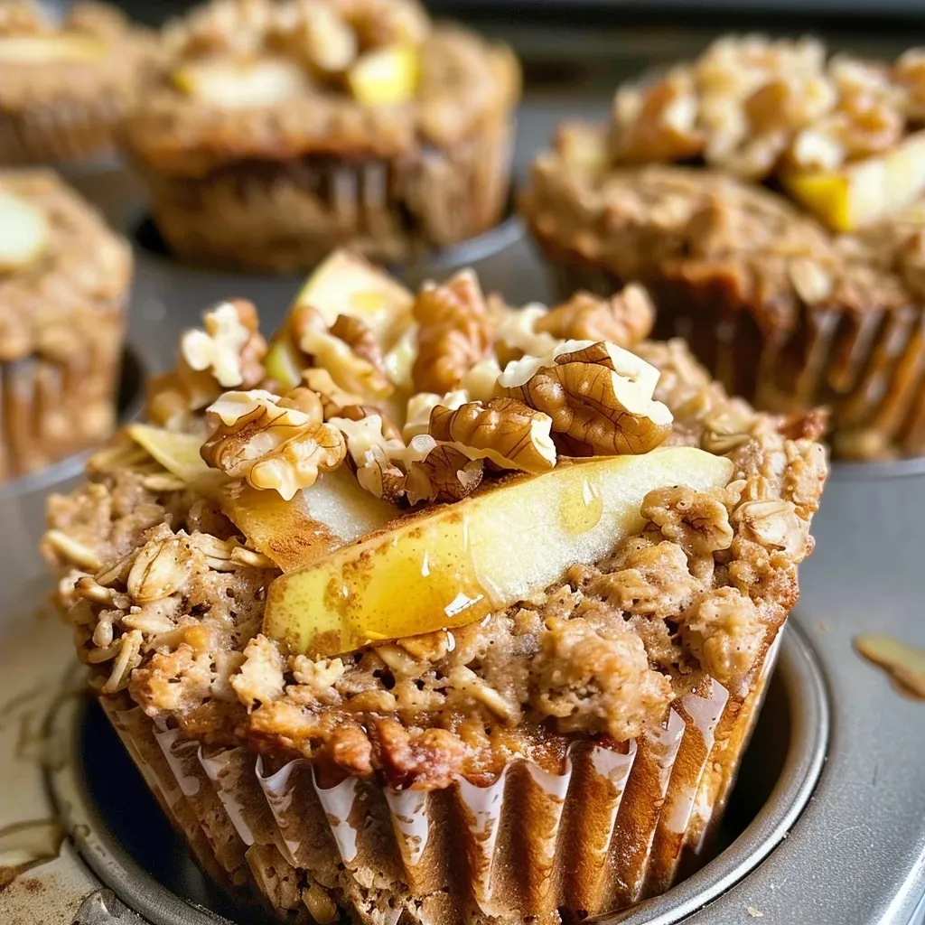 ['Close-up of a golden-brown Apple Oatmeal Protein Muffin with diced apple pieces on top.', 'Side view of a freshly baked Apple Oatmeal Protein Muffin showcasing its moist texture and walnut topping.', 'Juicy Apple Oatmeal Protein Muffin with a sprinkle of chopped walnuts and visible apple chunks.', 'Detailed view of a delicious Apple Oatmeal Protein Muffin, highlighting its rich color and wholesome ingredients.']