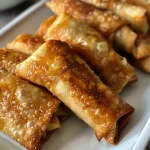 ['Golden-brown apple pie egg rolls arranged on a rustic wooden table.', 'Close-up view of crispy apple pie egg rolls with a dusting of powdered sugar.', 'Juicy apple pie egg rolls with visible apple filling, served on a white plate.', 'Side view of freshly fried apple pie egg rolls, showcasing a flaky texture.']