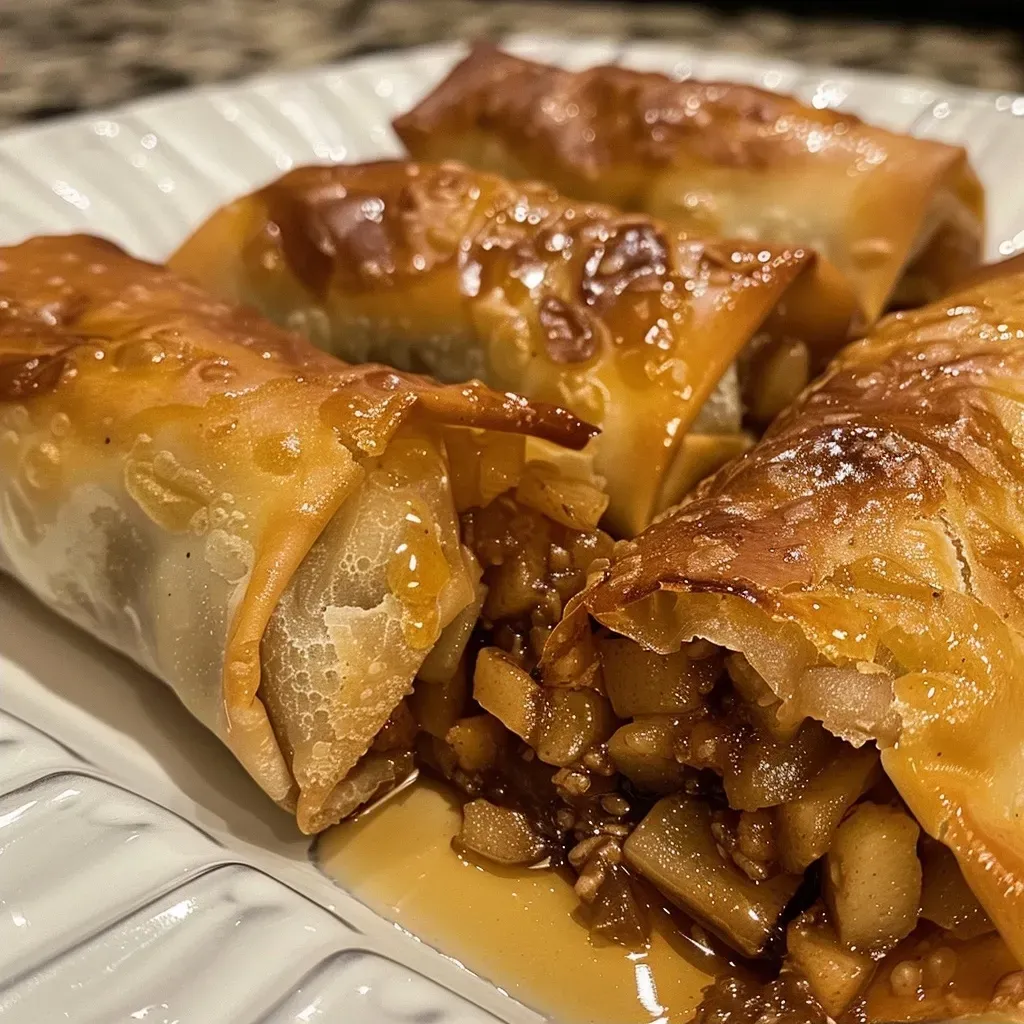 Golden-brown apple pie egg rolls arranged on a rustic wooden table.