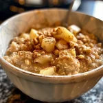 ['Close-up view of Apple Pie Overnight Oats with diced apples and spices.', 'Side angle photo of creamy overnight oats with apple and cinnamon toppings.', 'Delicious Apple Pie Overnight Oats in a glass container, garnished with apple chunks.', 'Layered Apple Pie Overnight Oats with visible ingredients, showcasing texture and colors.']