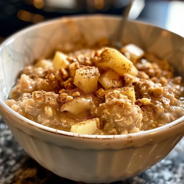 ['Close-up view of Apple Pie Overnight Oats with diced apples and spices.', 'Side angle photo of creamy overnight oats with apple and cinnamon toppings.', 'Delicious Apple Pie Overnight Oats in a glass container, garnished with apple chunks.', 'Layered Apple Pie Overnight Oats with visible ingredients, showcasing texture and colors.']