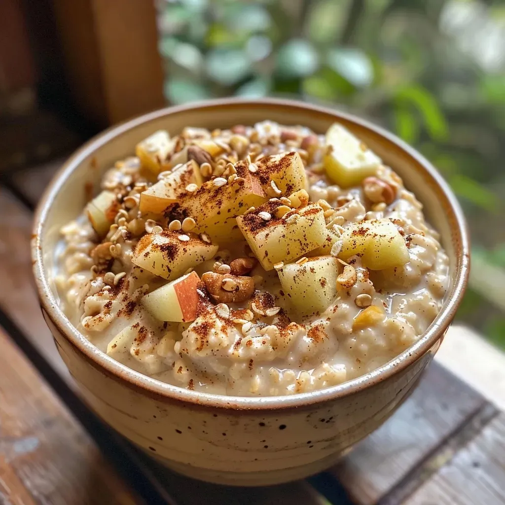 Close-up view of Apple Pie Overnight Oats with diced apples and spices.
