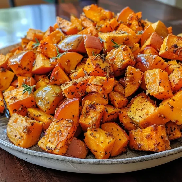 ['Close-up of roasted sweet potatoes and apples, glistening with oil and spices.', 'Side view of apple roasted sweet potatoes on a baking sheet, showcasing textures and colors.', 'Juicy roasted sweet potato cubes mixed with green apple pieces, garnished with rosemary.', 'Vibrant, golden-brown roasted sweet potatoes and Granny Smith apples, ready to serve.']