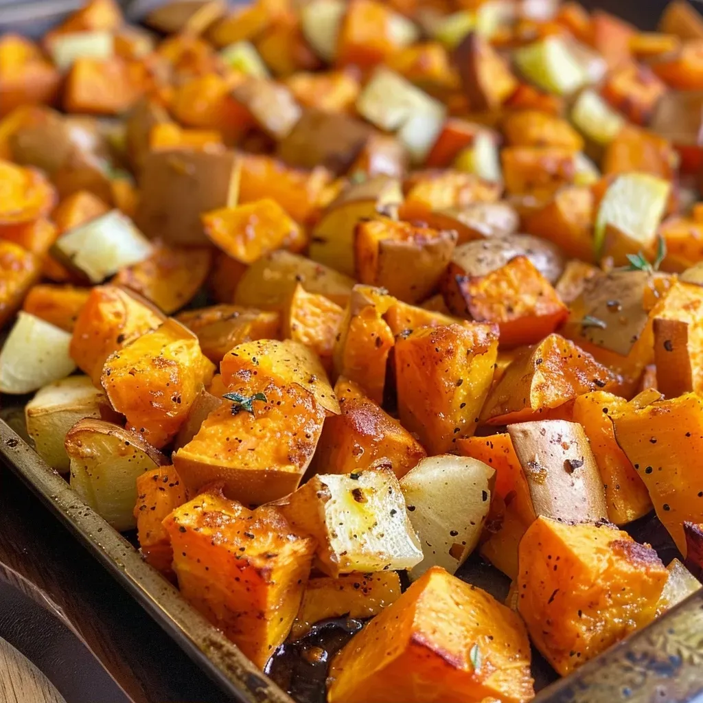 ['Close-up of roasted sweet potatoes and apples, glistening with oil and spices.', 'Side view of apple roasted sweet potatoes on a baking sheet, showcasing textures and colors.', 'Juicy roasted sweet potato cubes mixed with green apple pieces, garnished with rosemary.', 'Vibrant, golden-brown roasted sweet potatoes and Granny Smith apples, ready to serve.']