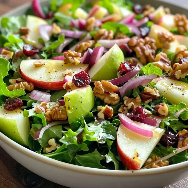 ['Close-up view of a vibrant apple salad with walnuts, cranberries, and mixed greens.', 'Fresh autumn apple salad featuring chopped apples, sliced red onions, and toasted walnuts.', 'A colorful salad made with crisp apples, walnuts, and a dressing of Greek yogurt and maple syrup.', 'Side view of a delicious apple salad, layered with greens, cranberries, and a sprinkle of parsley.']