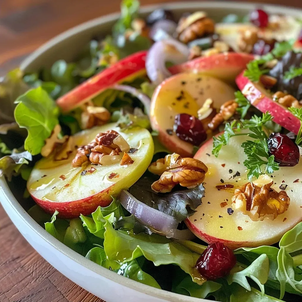 ['Close-up view of a vibrant apple salad with walnuts, cranberries, and mixed greens.', 'Fresh autumn apple salad featuring chopped apples, sliced red onions, and toasted walnuts.', 'A colorful salad made with crisp apples, walnuts, and a dressing of Greek yogurt and maple syrup.', 'Side view of a delicious apple salad, layered with greens, cranberries, and a sprinkle of parsley.']