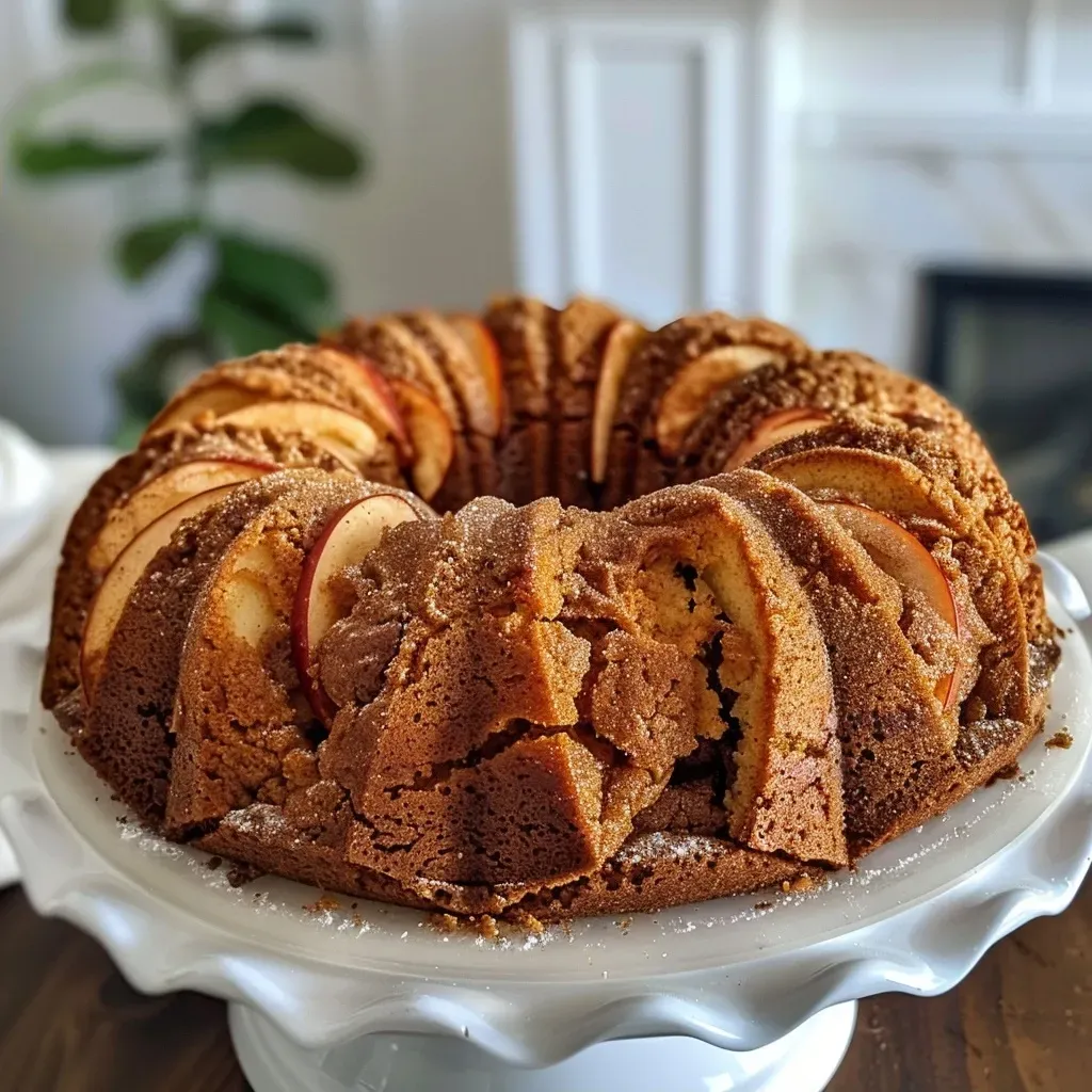 ['Close-up side view of a moist Apple Spice Bundt Cake topped with a creamy vanilla glaze.', 'Side angle of an Apple Spice Bundt Cake, showcasing its spiced texture and vanilla icing.', 'Detailed view of a Bundt Cake made with apples and spices, drizzled with a rich vanilla glaze.', 'Luscious slice of Apple Spice Bundt Cake with a smooth vanilla glaze, revealing the apple chunks.']