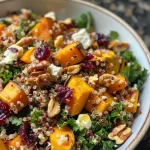 ['A close-up image of a colorful Autumn Harvest Grain Salad featuring quinoa, farro, and cranberries.', 'Side view of a delicious grain salad with butternut squash, kale, and walnuts in a bowl.', 'A vibrant and nutritious Autumn Harvest Grain Salad displayed with feta cheese and cranberries.', 'A hearty grain salad packed with seasonal ingredients like butternut squash and kale, garnished with nuts.']