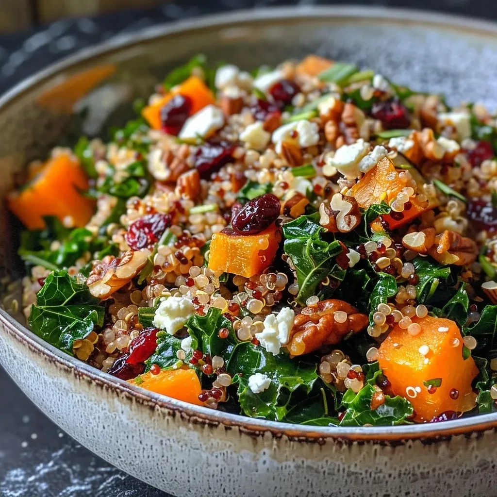['A close-up image of a colorful Autumn Harvest Grain Salad featuring quinoa, farro, and cranberries.', 'Side view of a delicious grain salad with butternut squash, kale, and walnuts in a bowl.', 'A vibrant and nutritious Autumn Harvest Grain Salad displayed with feta cheese and cranberries.', 'A hearty grain salad packed with seasonal ingredients like butternut squash and kale, garnished with nuts.']