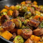 ['Juicy sausage slices surrounded by roasted butternut squash and Brussels sprouts.', 'A hearty autumn dinner featuring cooked sausage and vibrant roasted vegetables.', 'Close up of a delicious plate with sausage, butternut squash cubes, and Brussels sprouts.', 'A colorful autumn dish with sausages and a medley of roasted veggies.']