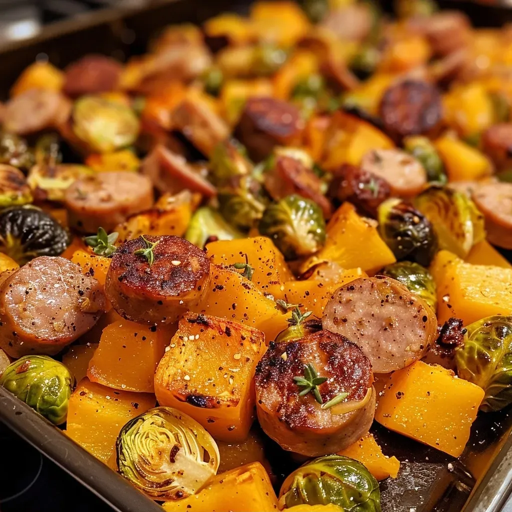 ['Juicy sausage slices surrounded by roasted butternut squash and Brussels sprouts.', 'A hearty autumn dinner featuring cooked sausage and vibrant roasted vegetables.', 'Close up of a delicious plate with sausage, butternut squash cubes, and Brussels sprouts.', 'A colorful autumn dish with sausages and a medley of roasted veggies.']